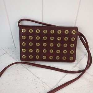 Fossil Small Crossbody Wallet Burgundy Leather Gold Eyelet